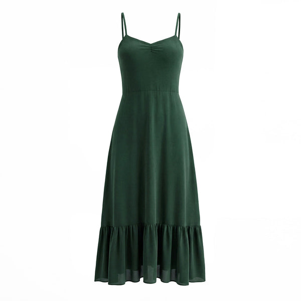 French Waist Tight Green Suspenders Dress for Women Slim Fit Ruffled Retro Slim Fit Holiday Chiffon Maxi Dress