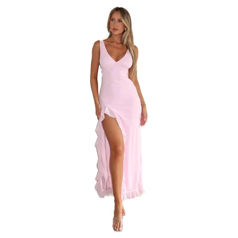 Womens Ruffles Split Suspender Dress Slim Fit V Neck Party