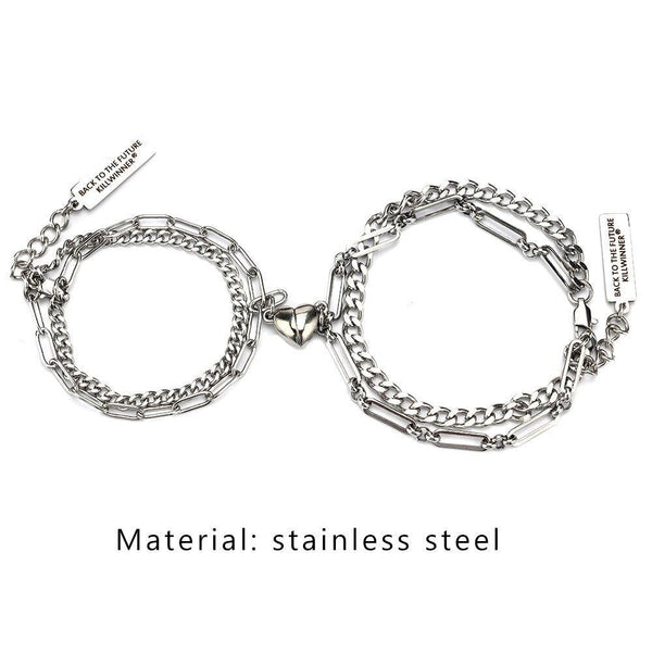 2pcs/Set Stainless Steel Double Chain Vintage Couple Bracelet Heart Magnet Attractive Magnetic Bracelet Oval Chain Paperclip Chain Double Layer Love Heart Magnet Bangle Bracelets Hypoallergenic Engraved Adjustable Couple Bracelet Set Gifts For Women Men