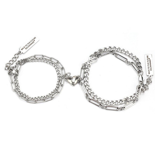 2pcs/Set Stainless Steel Double Chain Vintage Couple Bracelet Heart Magnet Attractive Magnetic Bracelet Oval Chain Paperclip Chain Double Layer Love Heart Magnet Bangle Bracelets Hypoallergenic Engraved Adjustable Couple Bracelet Set Gifts For Women Men