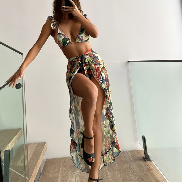 Bloom Breeze 3-Piece Bikini Set – Elegant High Cut Floral Fluttering Swimsuit with Lettuce Trim Tie Back Bandeau and Coordinating Cover Up Skirt – Women's Romantic Swimwear for Beach & Resort Vacations