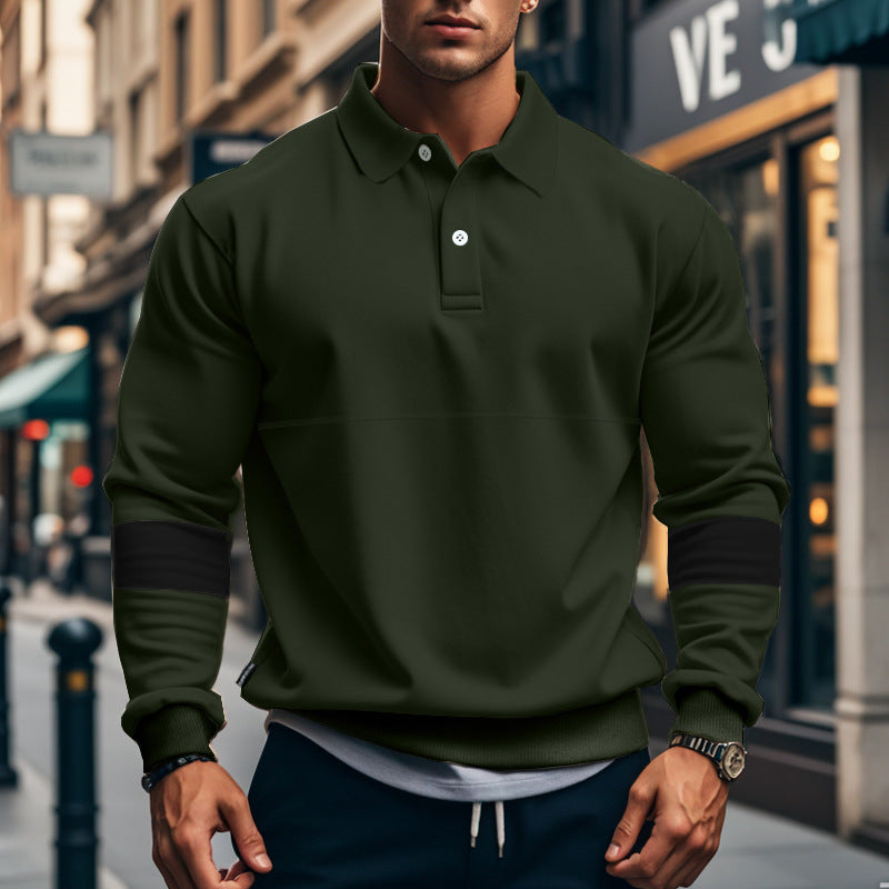 Mens Long Sleeve Polo Shirt Loose Casual Button Lapel