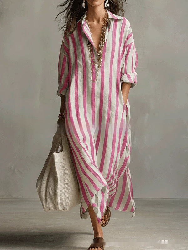 Striped Lapel Collar Dress – Side Slits & Pockets