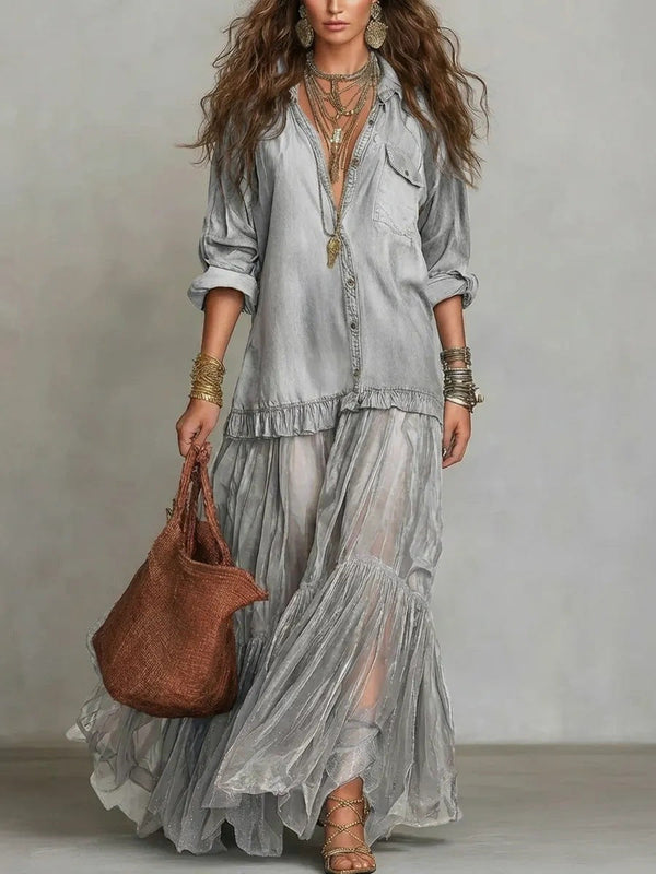 Women's Vintage Denim-Look Long Sleeve A-Line Maxi Dress – 6 Colors S–3XL