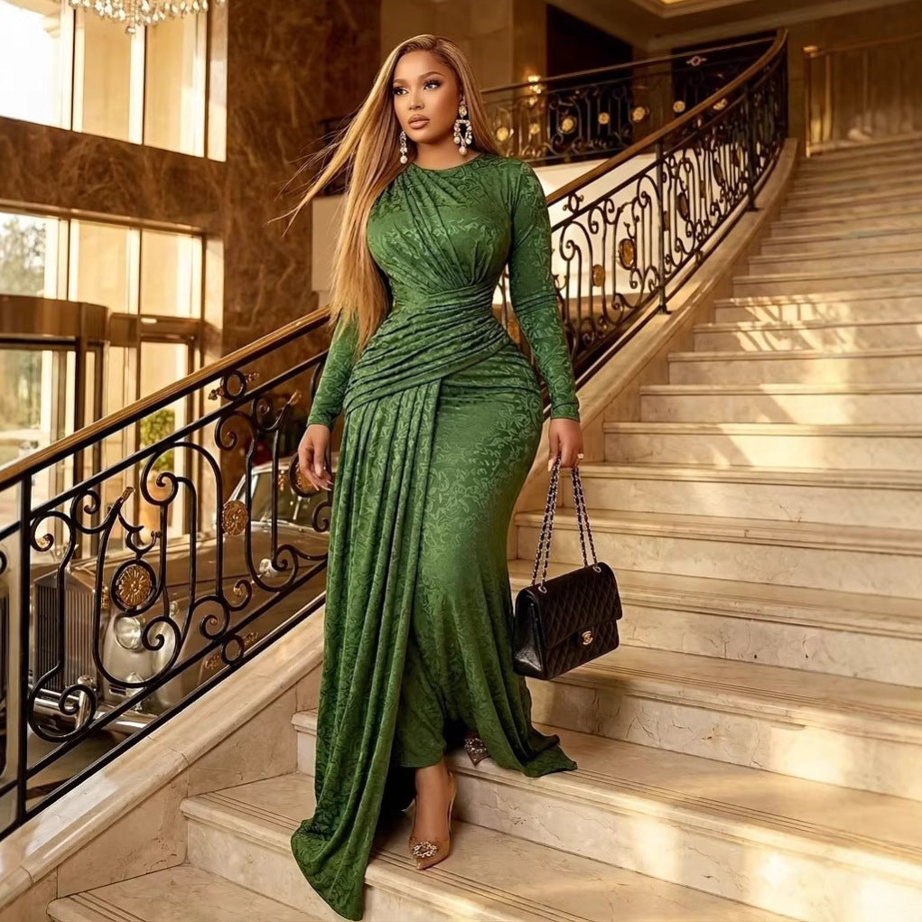Women Clothing Spring Elegant Pleating Slim Printed Sheath Maxi Dress