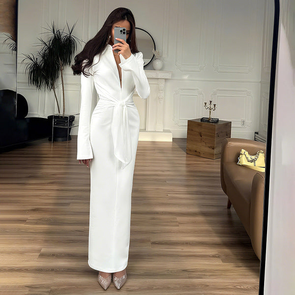 Fall Women Clothing Solid Color Collared Waist Tight Slim Fit Lace up Long Sleeve Zipper Dress