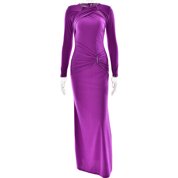 Dress Women round Neck Long Sleeve Sexy Slim Pleated Maxi Dress Elegant Dress