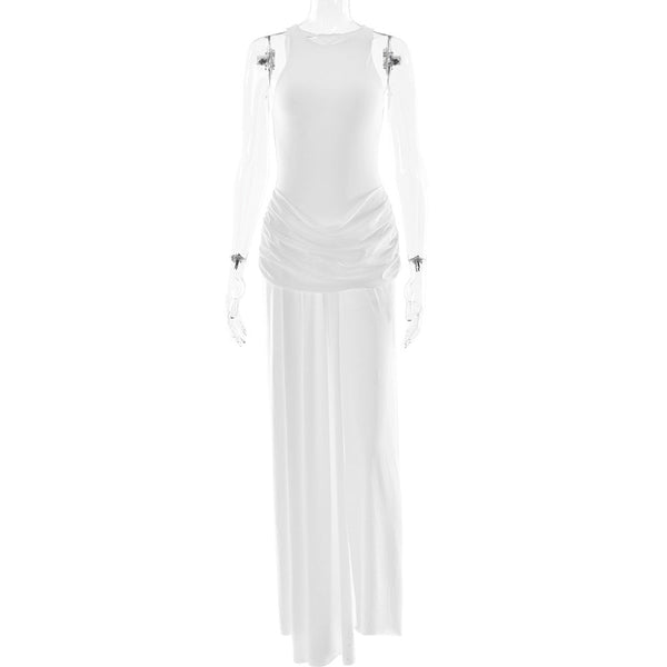 Summer Elegance Split Pleated Dress Sexy Sleeveless Solid Color Mop Dress