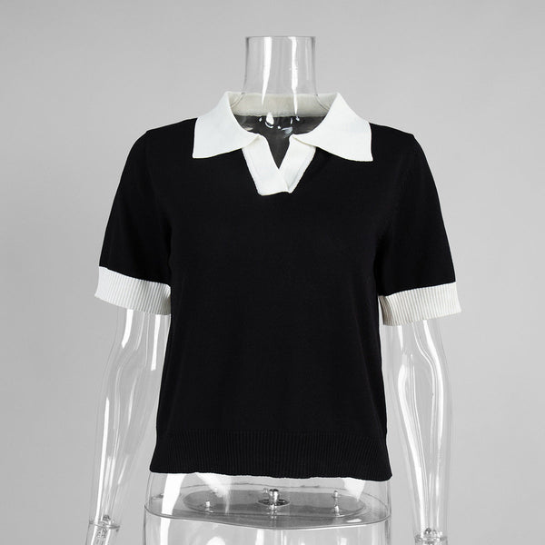 Short Sleeved Knitwear Summer Office Polo Collar Contrast Color Slim Fit Knitted Top