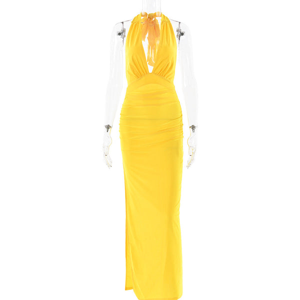 Summer Sexy V neck Halter Backless Dress Solid Color Split Dress