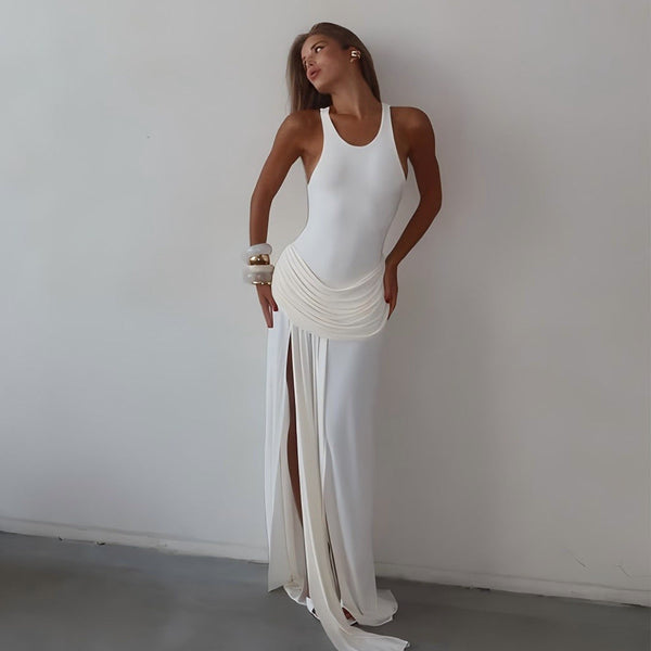 Summer Elegance Split Pleated Dress Sexy Sleeveless Solid Color Mop Dress