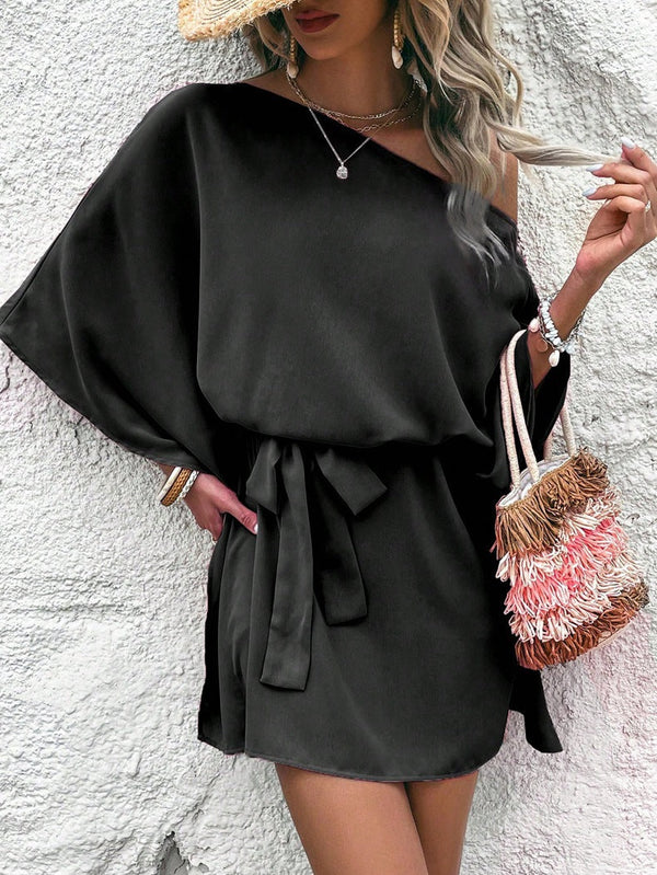 Women Clothing Satin off Shoulder Satin Dress Asymmetric High Waist Dress