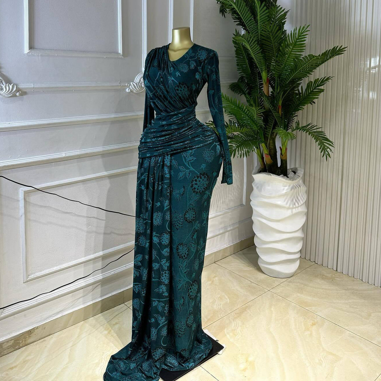 Women Clothing Spring Elegant Pleating Slim Printed Sheath Maxi Dress