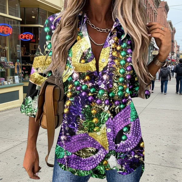 🎭 Mardi Gras Women's V-Neck Long Sleeve Carnival Print Shirt