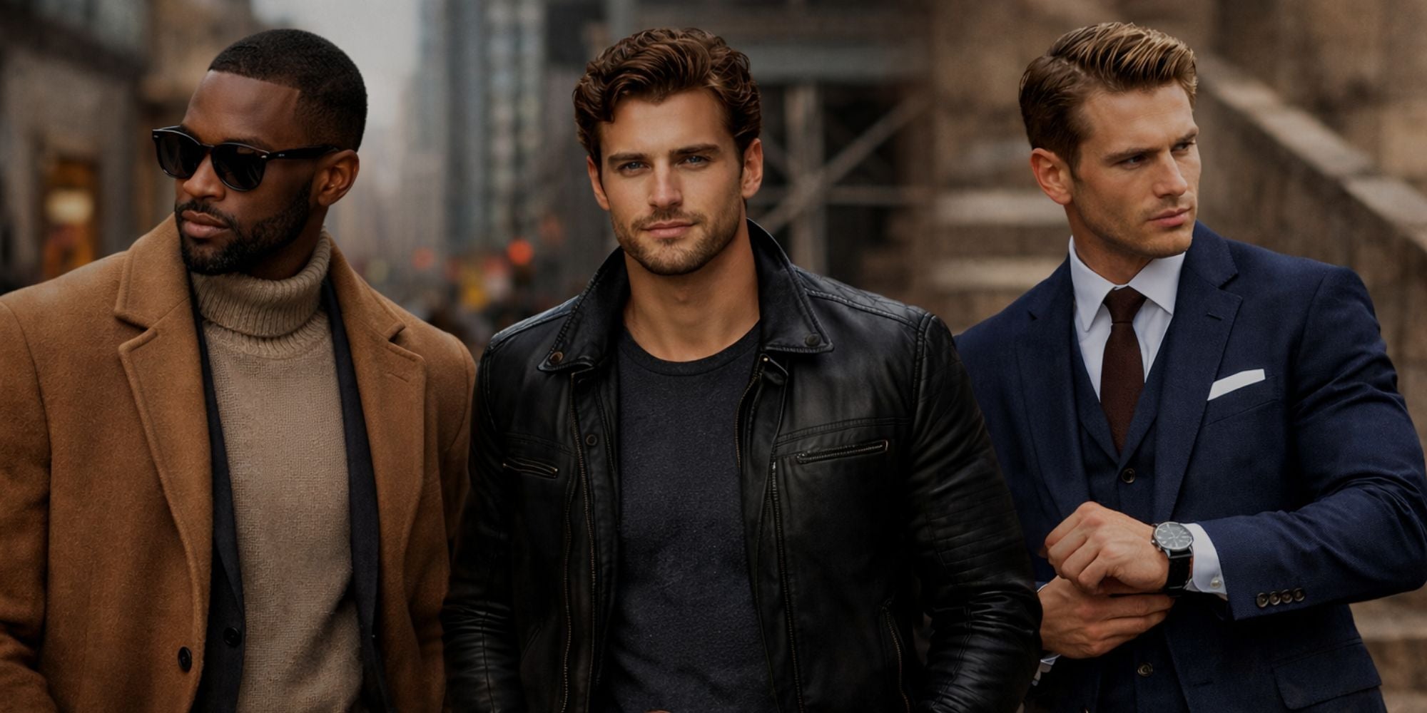 Three men in stylish outfits standing together in an urban setting


