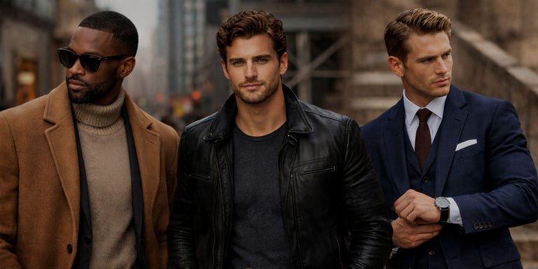 Three men in stylish outfits standing together in an urban setting


