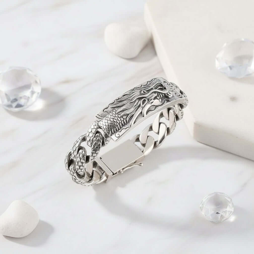 Vintage Dragon Bracelet for Men – Silver Stainless Steel Zodiac Style Jewelry