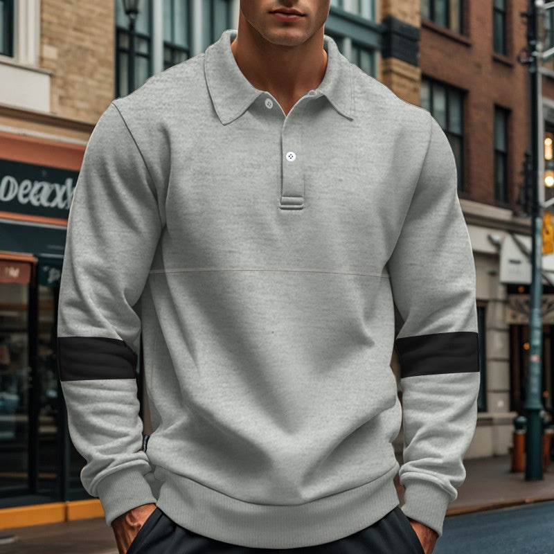 Mens Long Sleeve Polo Shirt Loose Casual Button Lapel