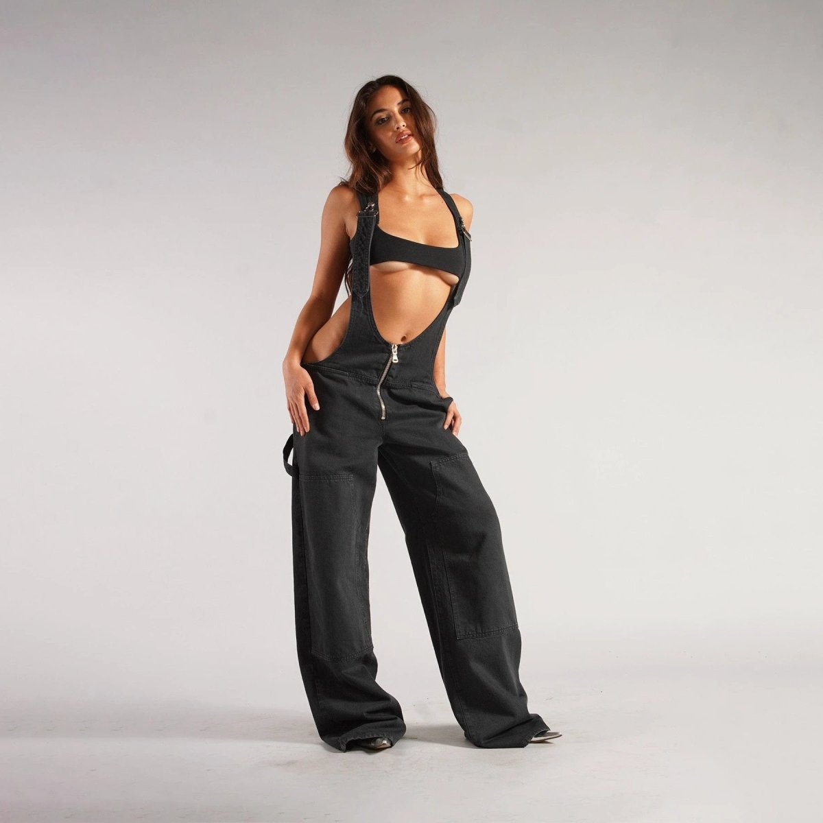 Y2K Denim Overalls - Zipper Suspender Jumpsuit Streetwear