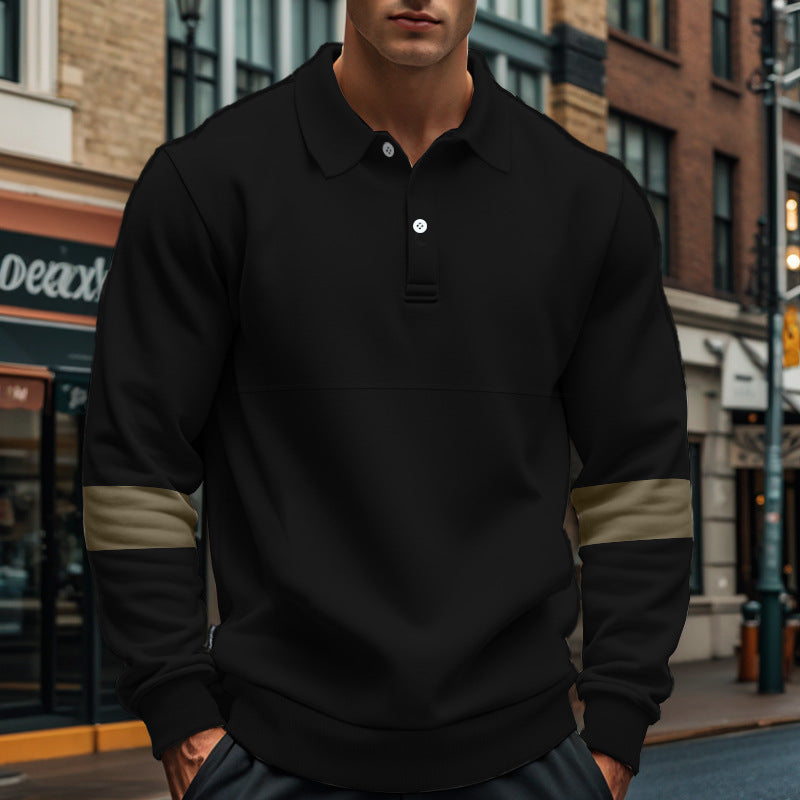 Mens Long Sleeve Polo Shirt Loose Casual Button Lapel