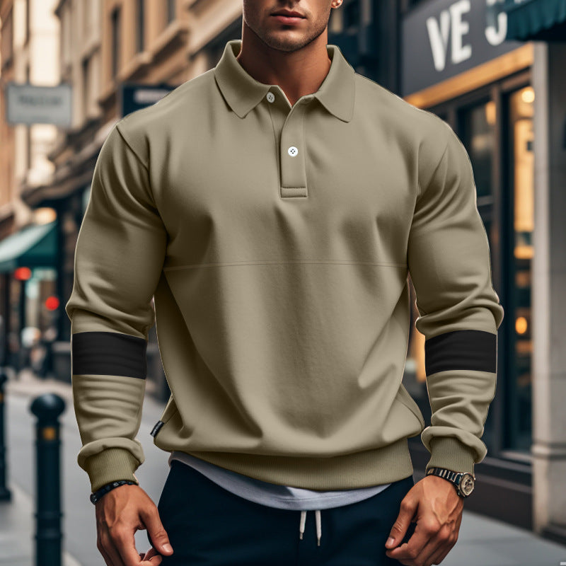 Mens Long Sleeve Polo Shirt Loose Casual Button Lapel
