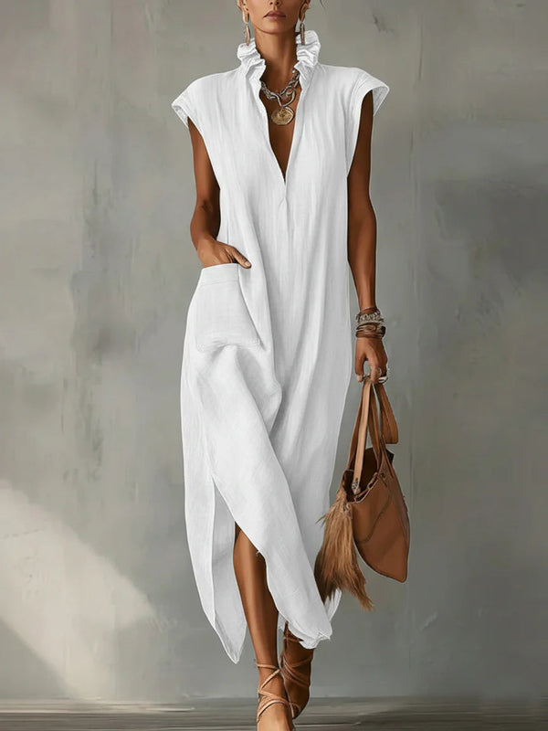 Women’s Cotton-Linen Sleeveless Solid-Color Shirt Dress