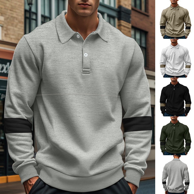 Mens Long Sleeve Polo Shirt Loose Casual Button Lapel