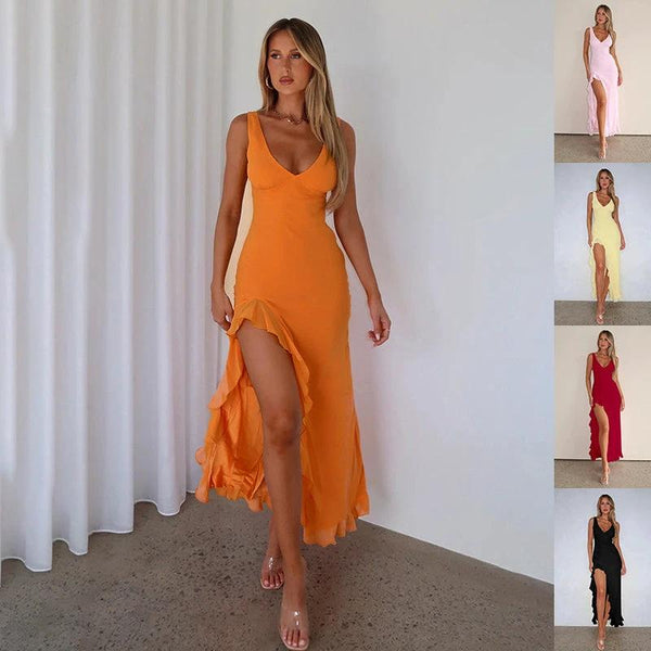 Womens Ruffles Split Suspender Dress Slim Fit V Neck Party