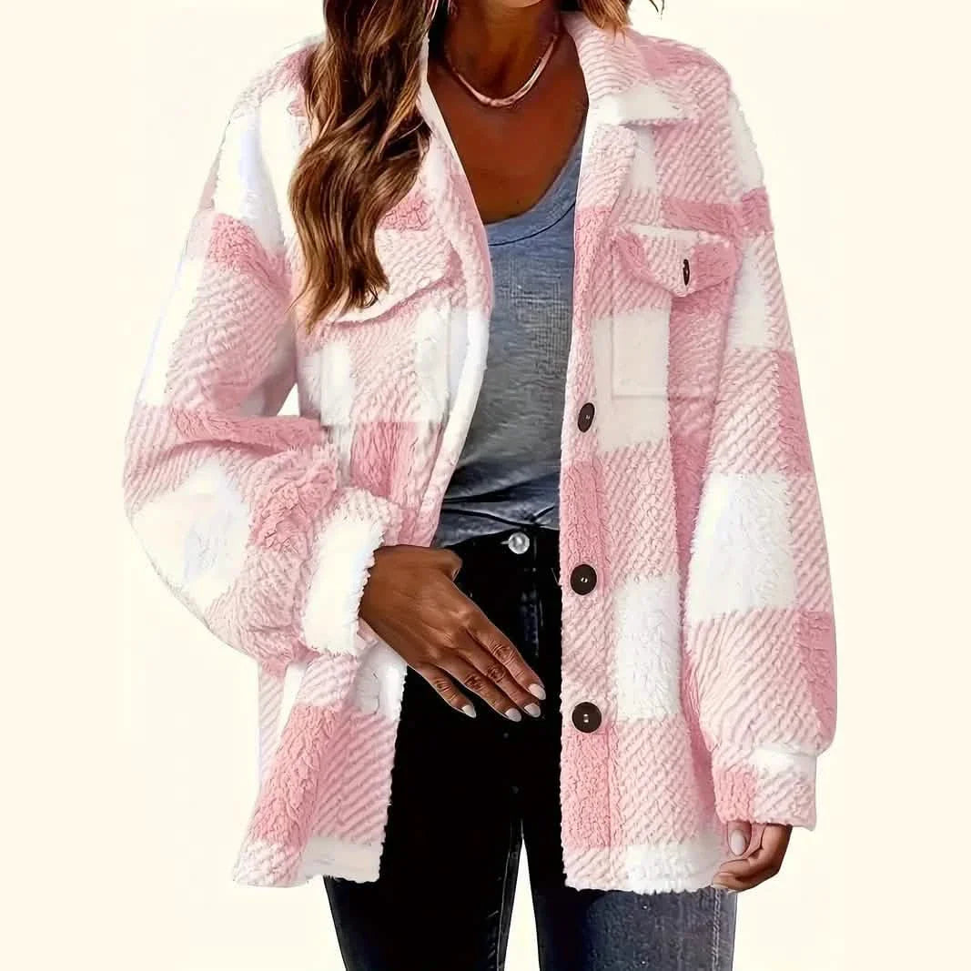 Plaid Button Front Jacket Long Sleeve Warm Fall Winter
