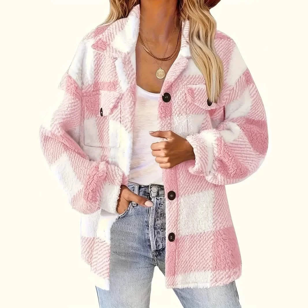 Plaid Button Front Jacket Long Sleeve Warm Fall Winter